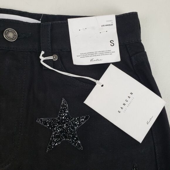 Kancan Beaded Star Mini Skirt Womens Small Black Denim Jean Raw Hem Glitter - Picture 4 of 8